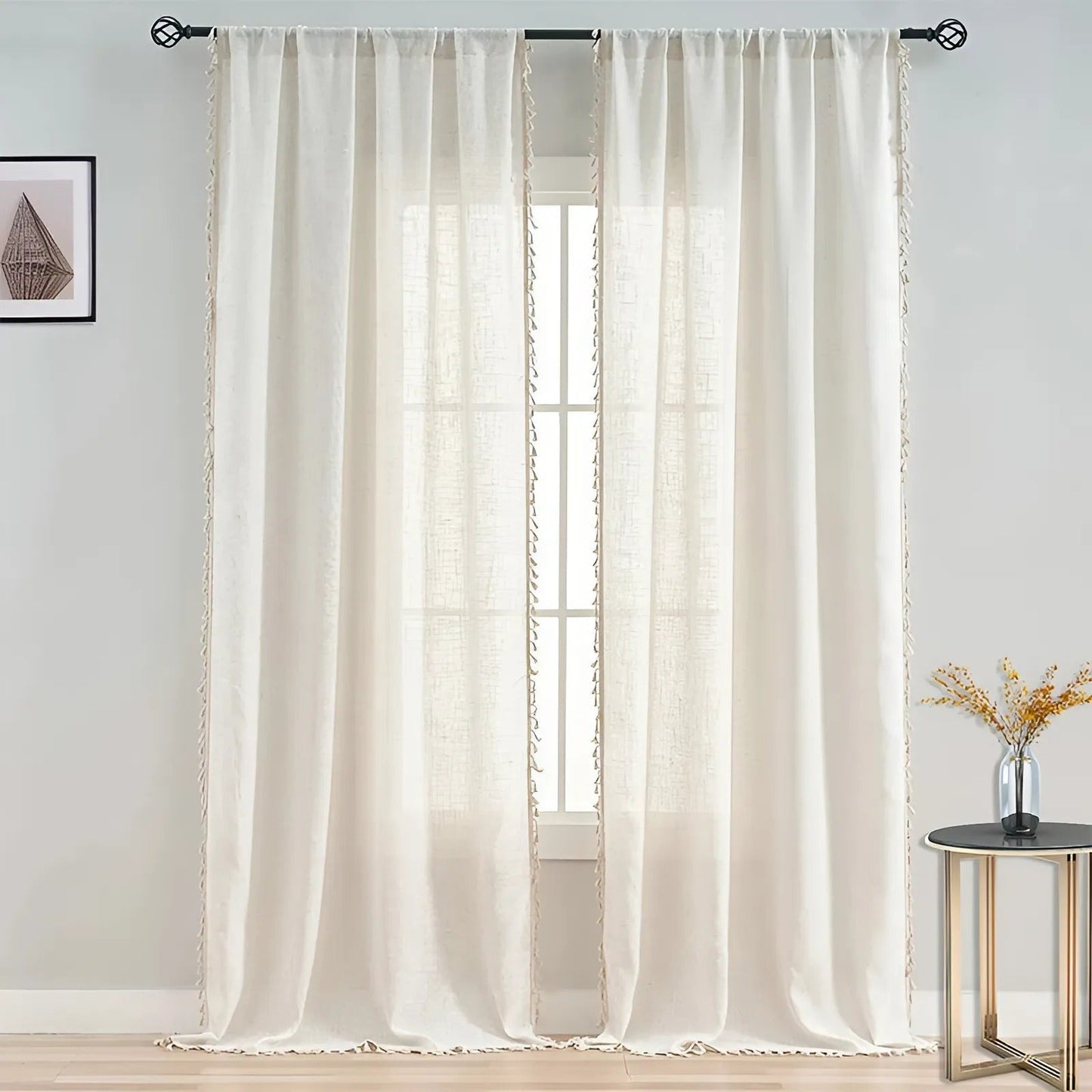 Boho Cotton-Linen Semi-Sheer Curtains with Tassels