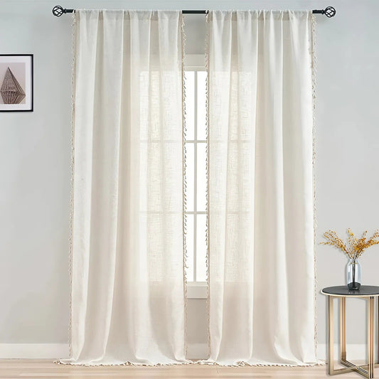 Boho Cotton-Linen Semi-Sheer Curtains with Tassels