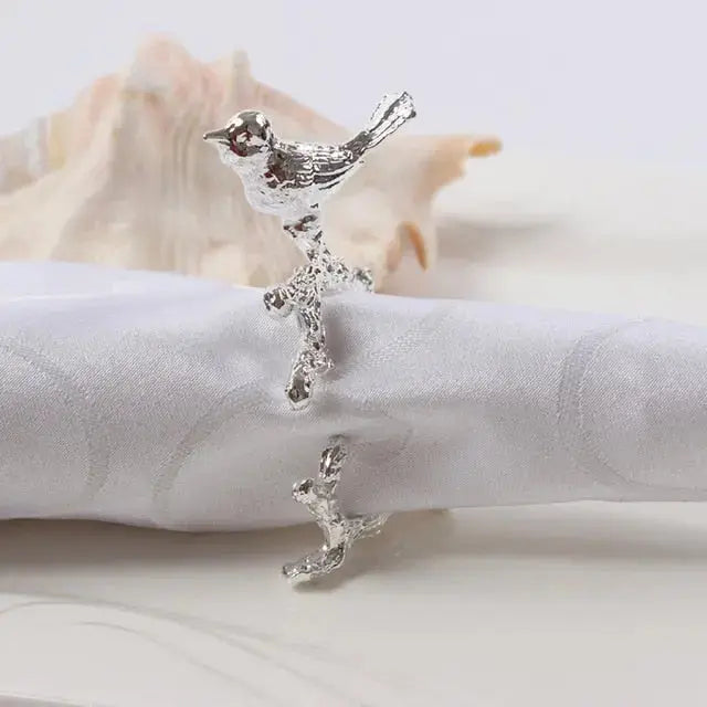 Gold or Silver Bird and Flower Napkin Rings - 4 Piece Set