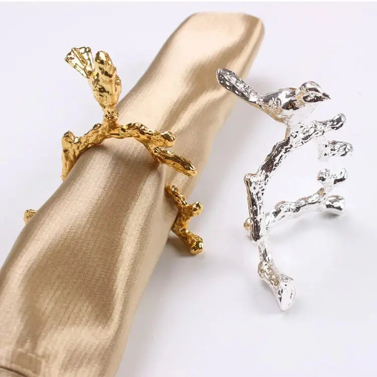 Gold or Silver Bird and Flower Napkin Rings - 4 Piece Set