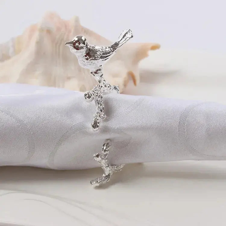 Gold or Silver Bird and Flower Napkin Rings - 4 Piece Set