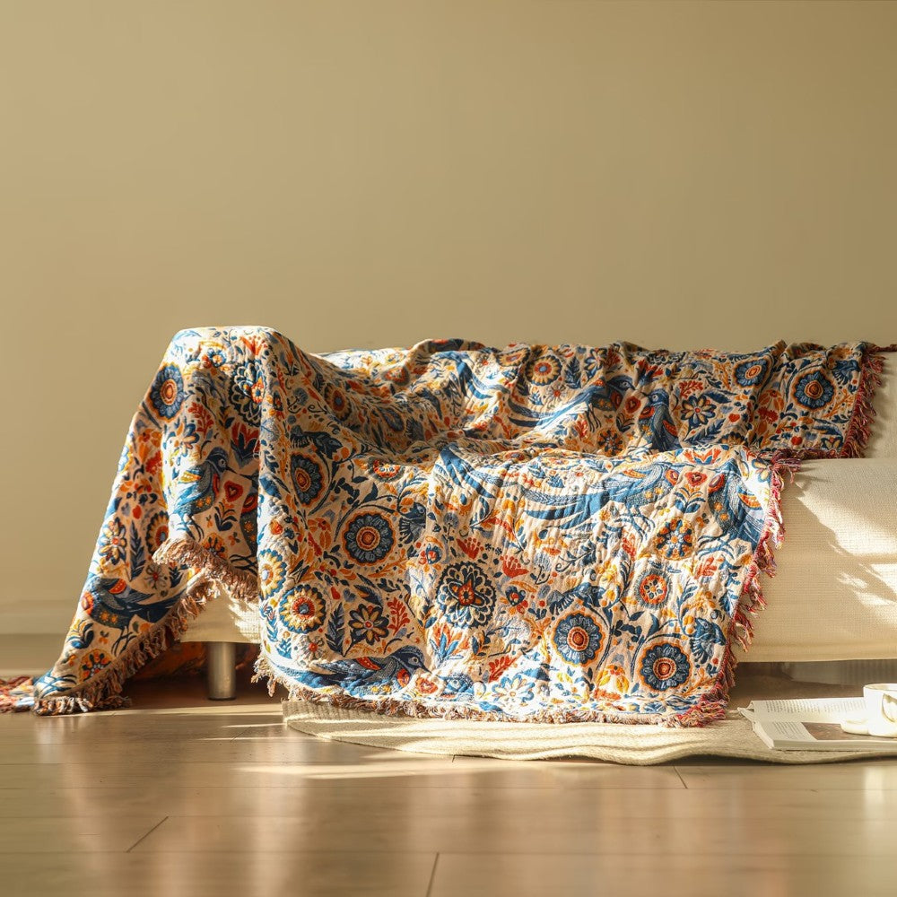 Bird Floral Cotton Throw Blanket