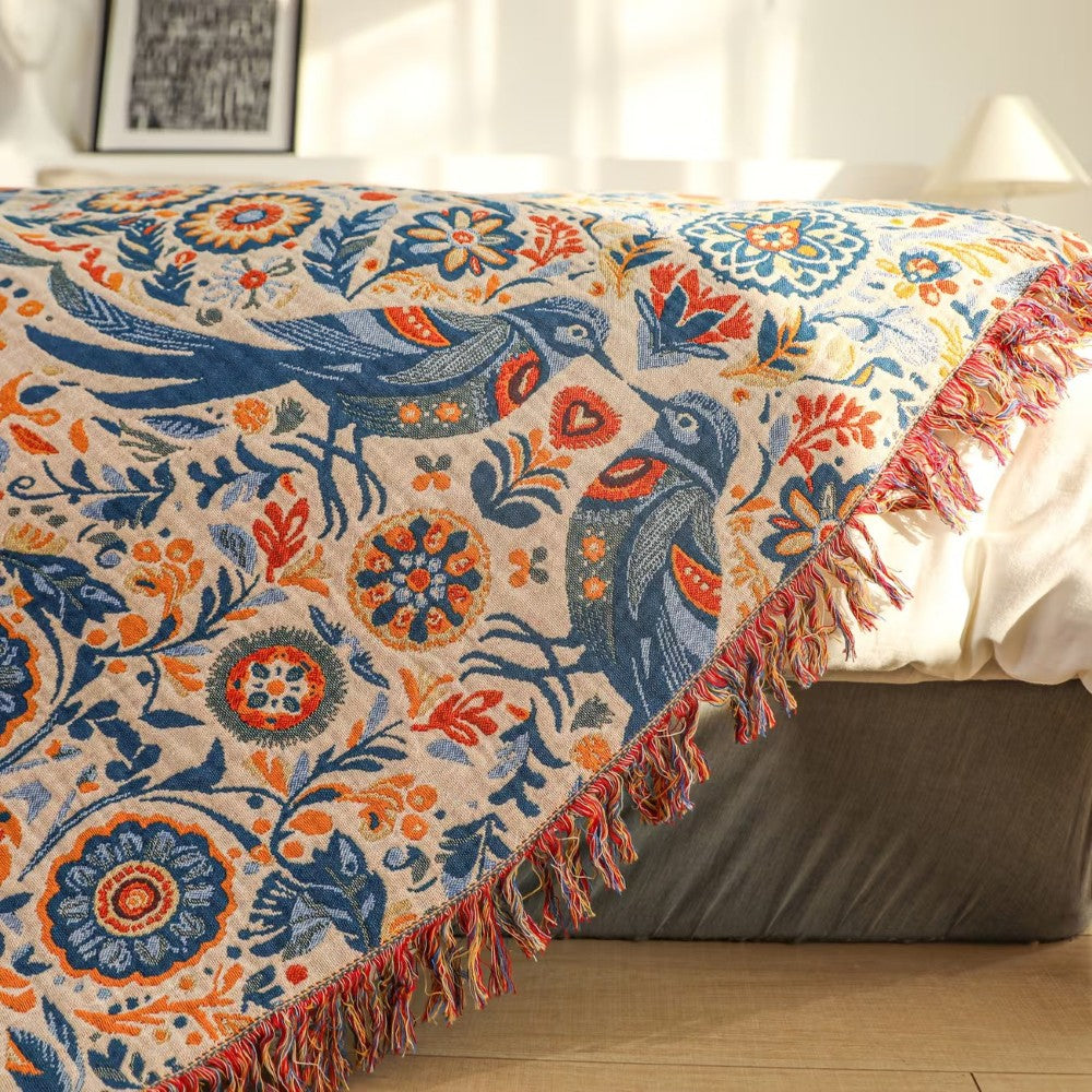 Bird Floral Cotton Throw Blanket