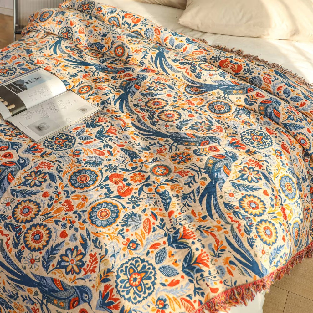 Bird Floral Cotton Throw Blanket