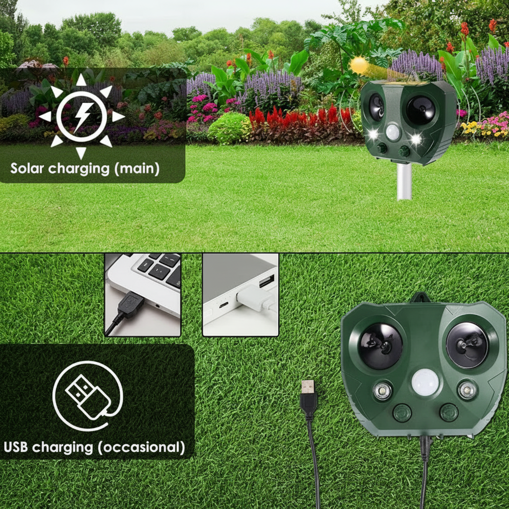 Solar Ultrasonic Bird Repeller with LED Lights for Outdoor Pest Control