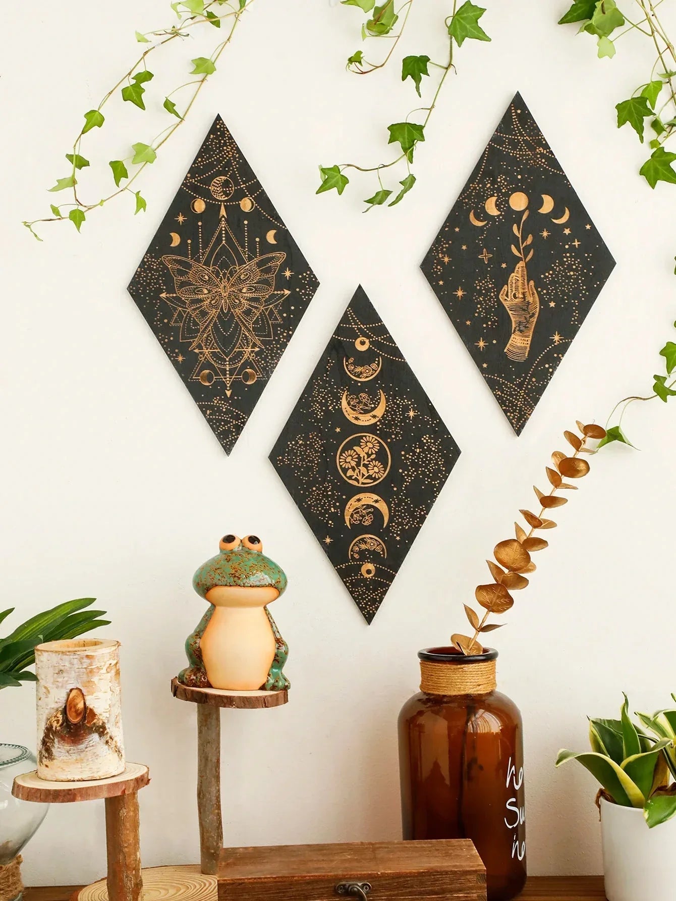 Black Wooden Moon Phases Wall Art Boho Decor