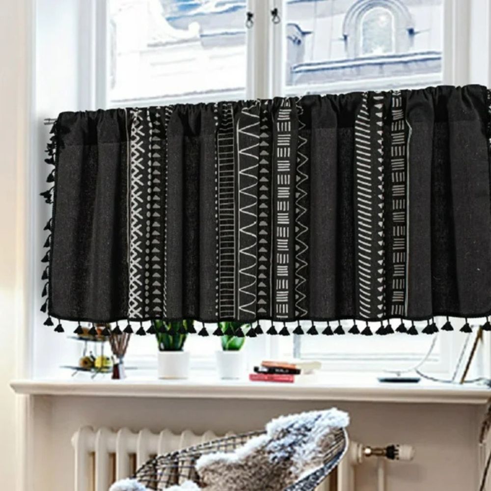 Tribal Print Black Cabinet Curtain with Tassels