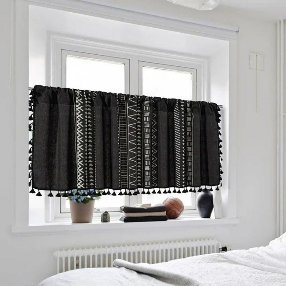 Tribal Print Black Cabinet Curtain with Tassels