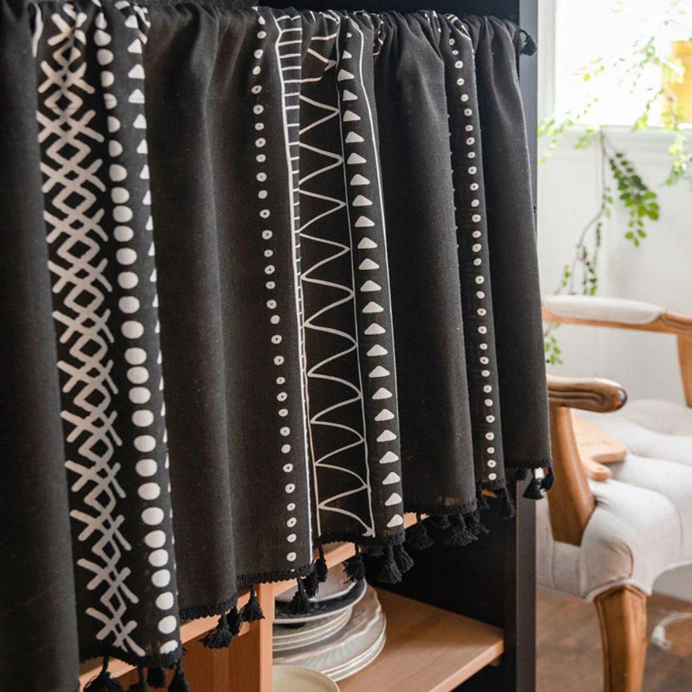 Tribal Print Black Cabinet Curtain with Tassels