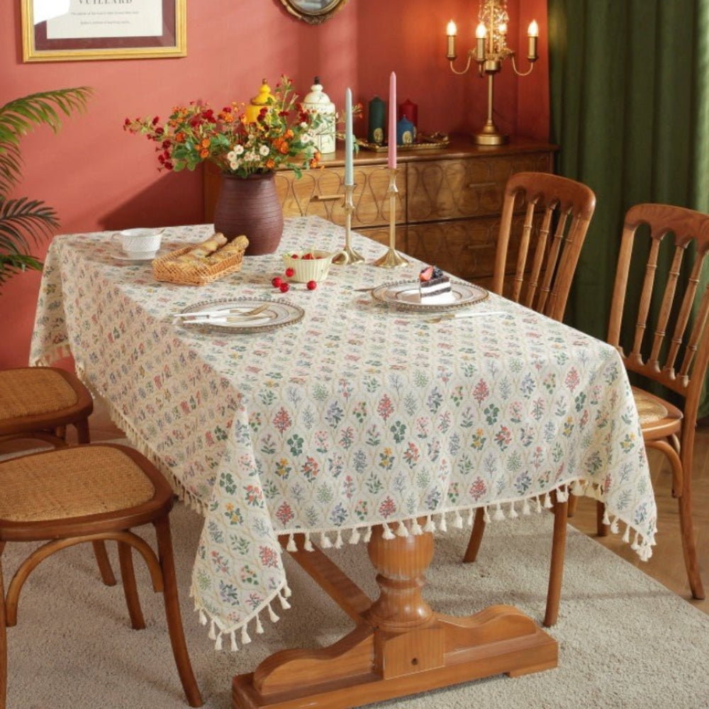 Floral Tassel-Trimmed Microfiber Table Cloth