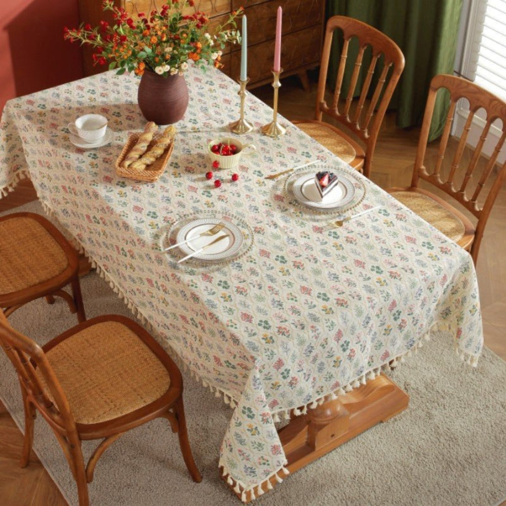 Floral Tassel-Trimmed Microfiber Table Cloth