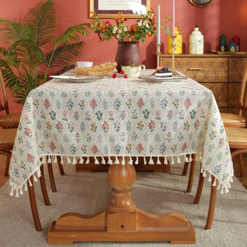 Floral Tassel-Trimmed Microfiber Table Cloth