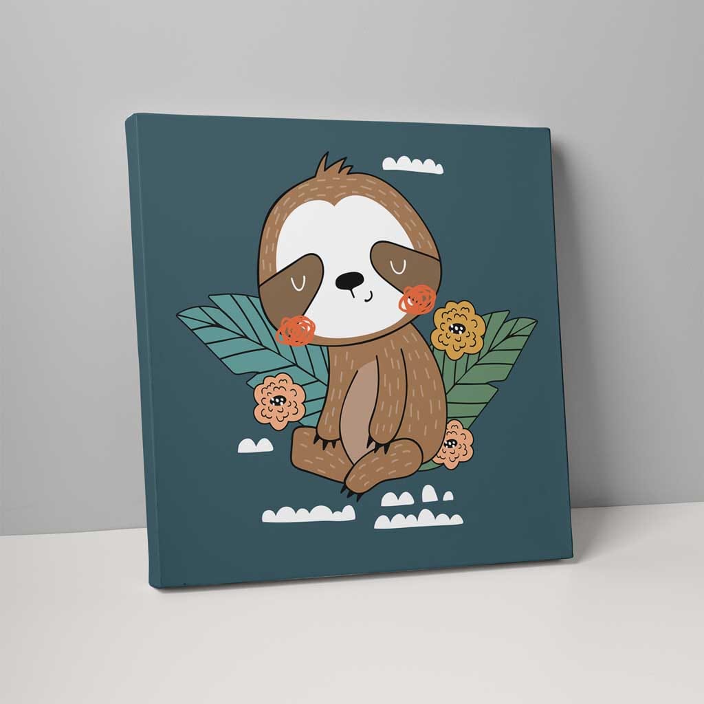Boho Sloth Canvas Wall Art with Tropical Plants