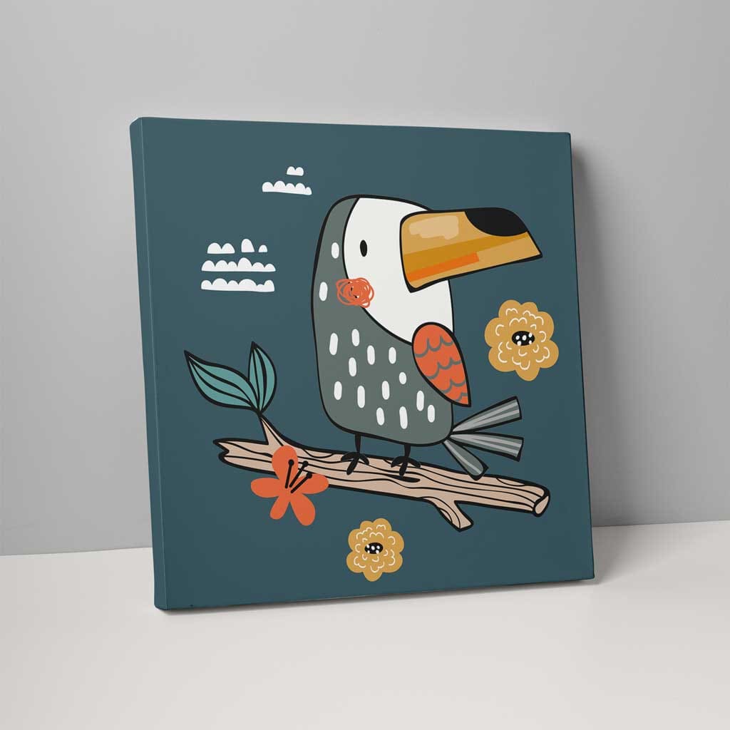 Boho Toucan Canvas Wall Art in Teal and Gray