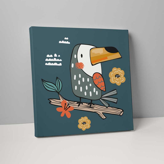 Boho Toucan Canvas Wall Art in Teal and Gray