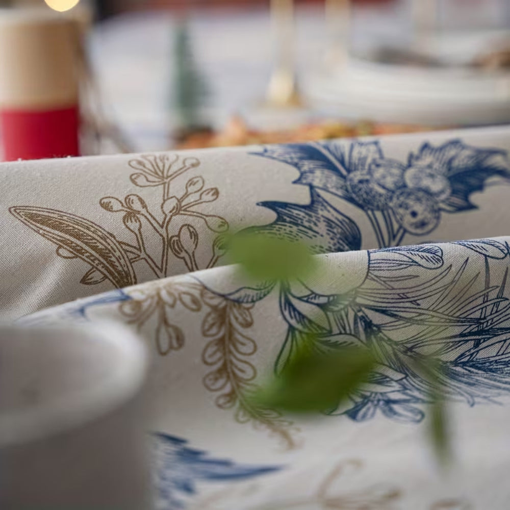 Vintage Blue Floral Tablecloth in Soft Microfiber