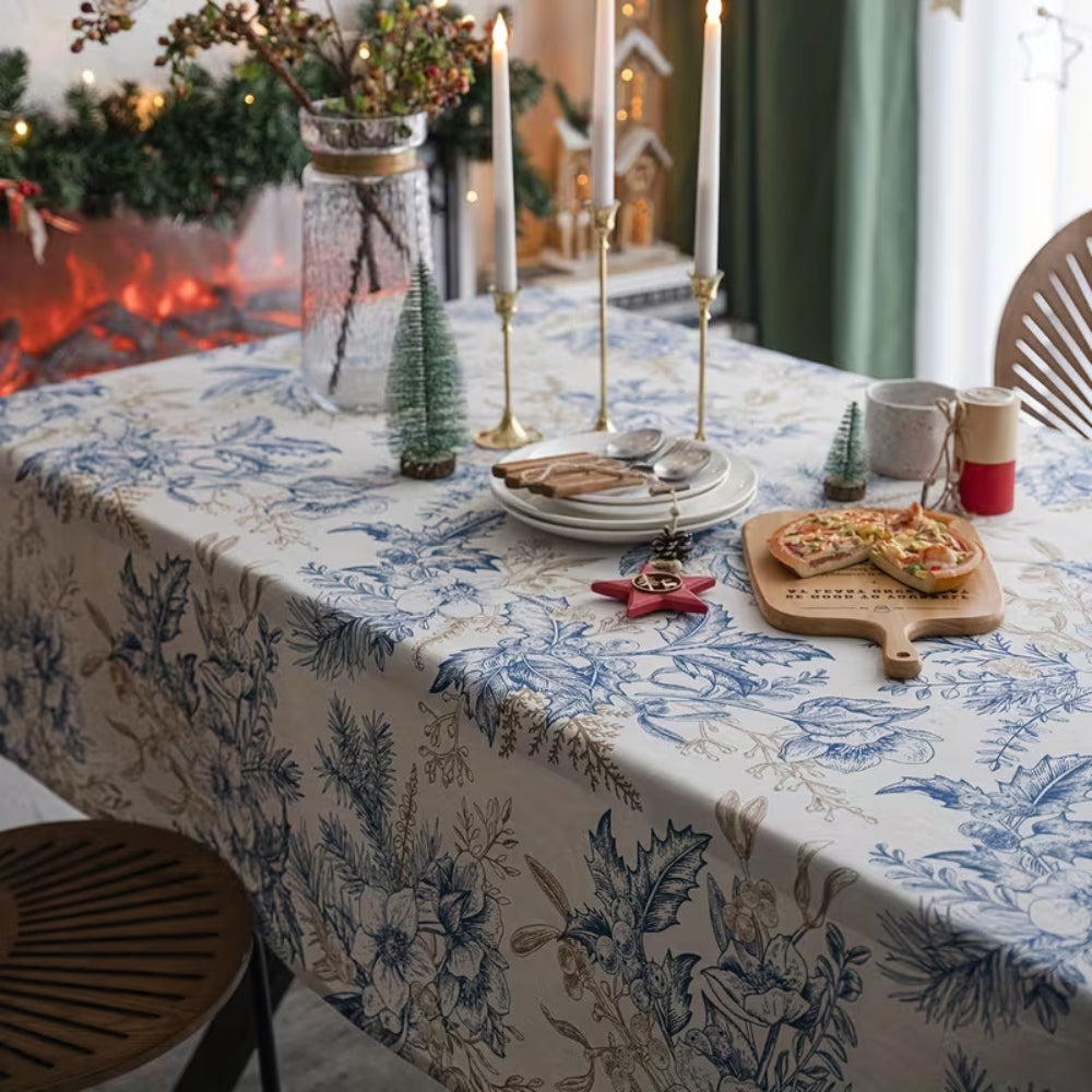 Vintage Blue Floral Tablecloth in Soft Microfiber