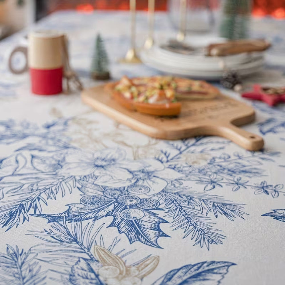 Vintage Blue Floral Tablecloth in Soft Microfiber