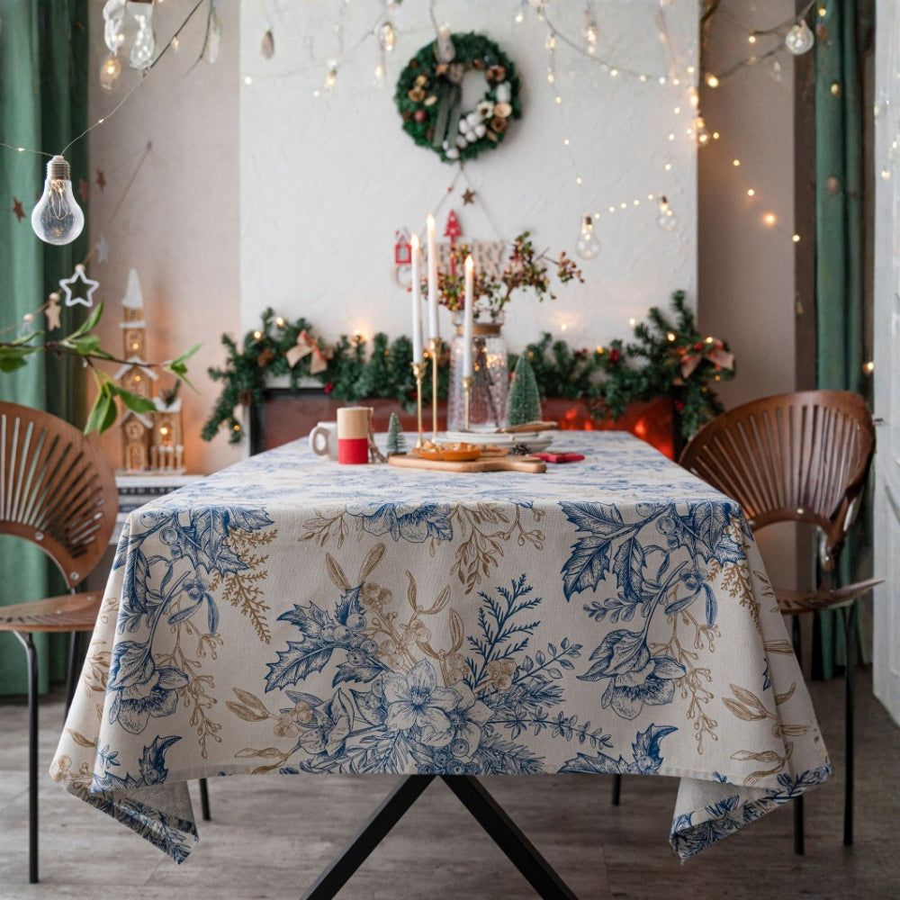 Vintage Blue Floral Tablecloth in Soft Microfiber