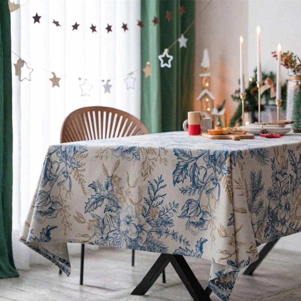 Vintage Blue Floral Tablecloth in Soft Microfiber