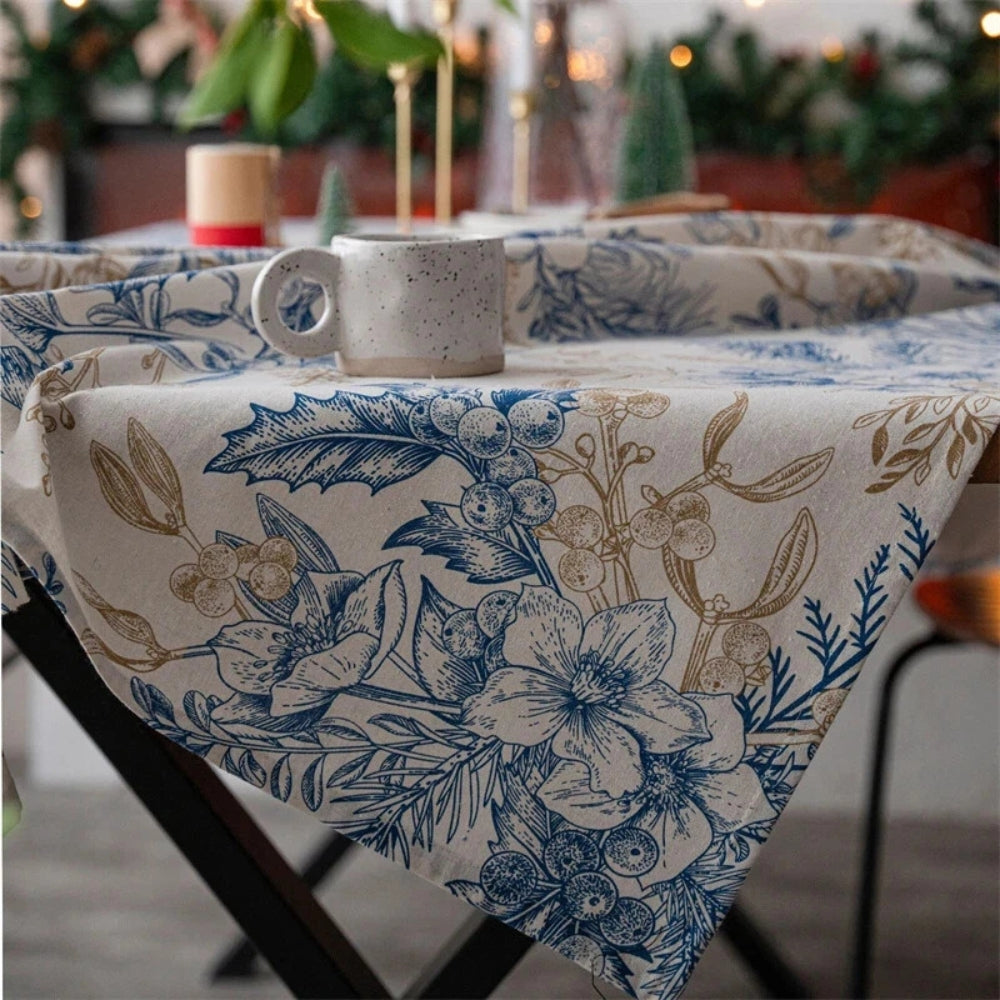 Vintage Blue Floral Tablecloth in Soft Microfiber