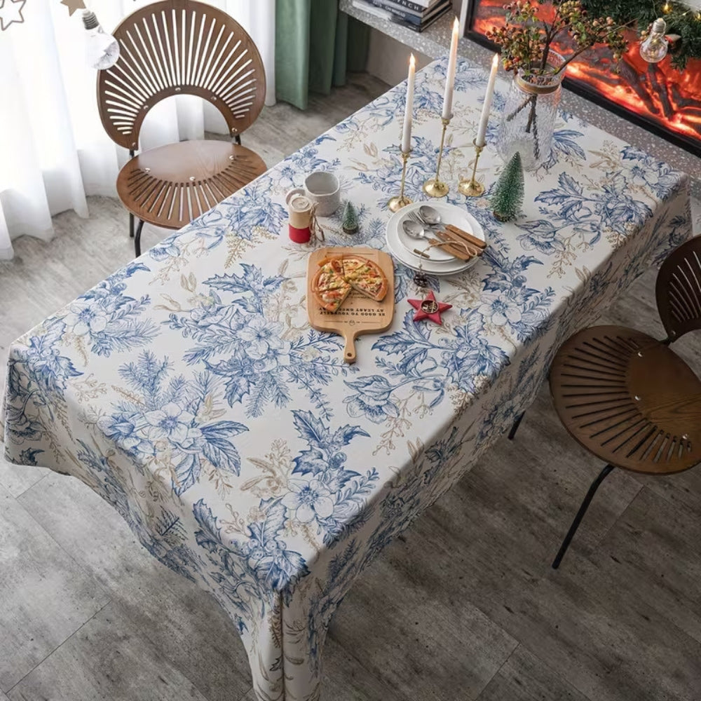 Vintage Blue Floral Tablecloth in Soft Microfiber
