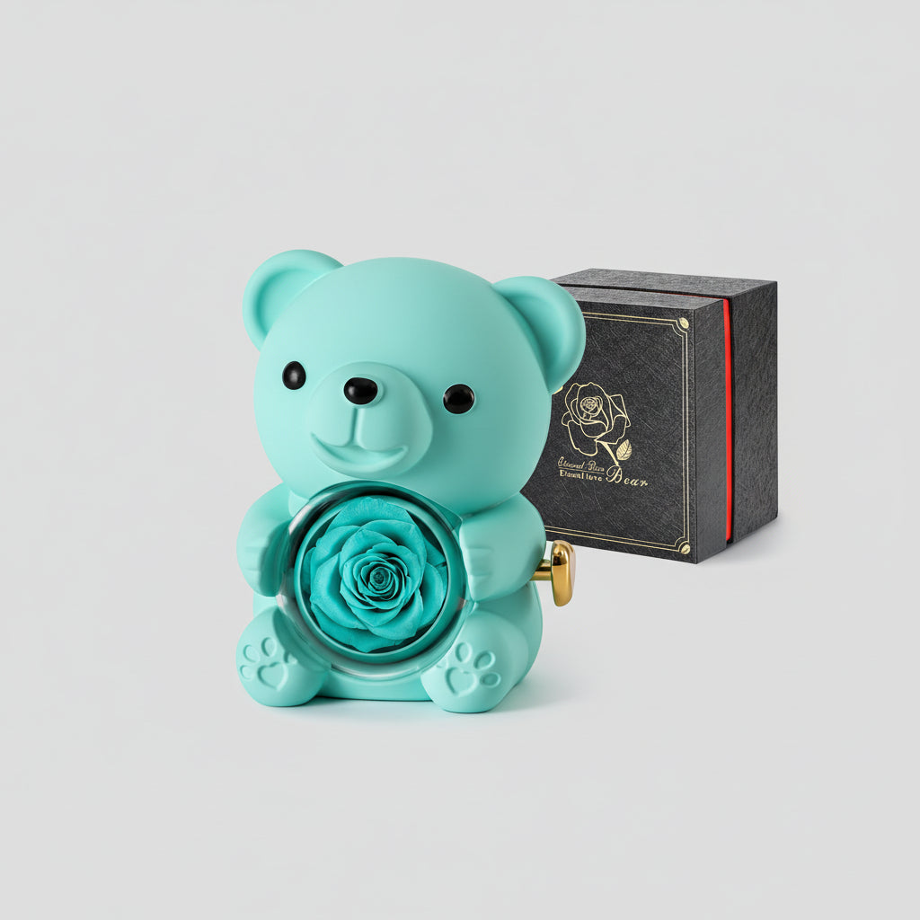 Preserved Rose Teddy Bear with Hidden Jewelry and Heart Necklace