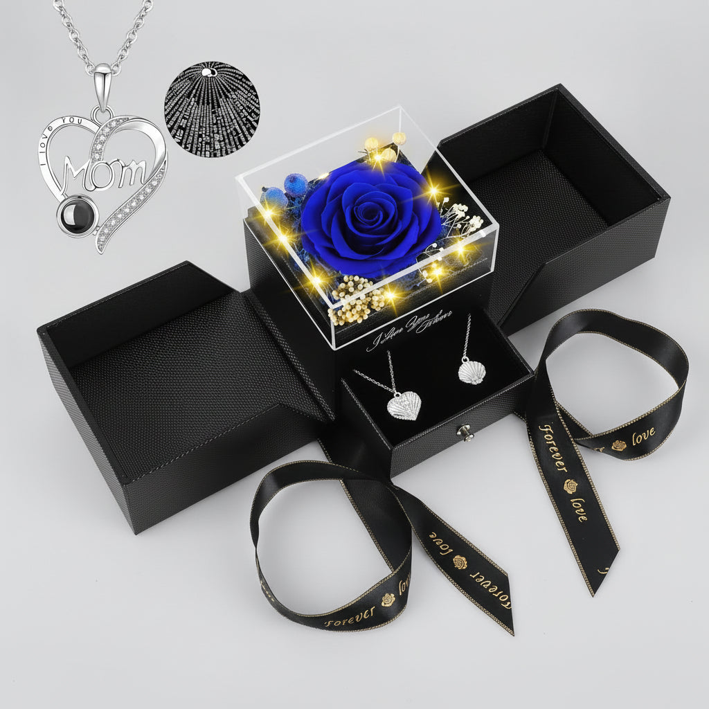 Preserved Galaxy Rose with Heart Necklace Gift Set
