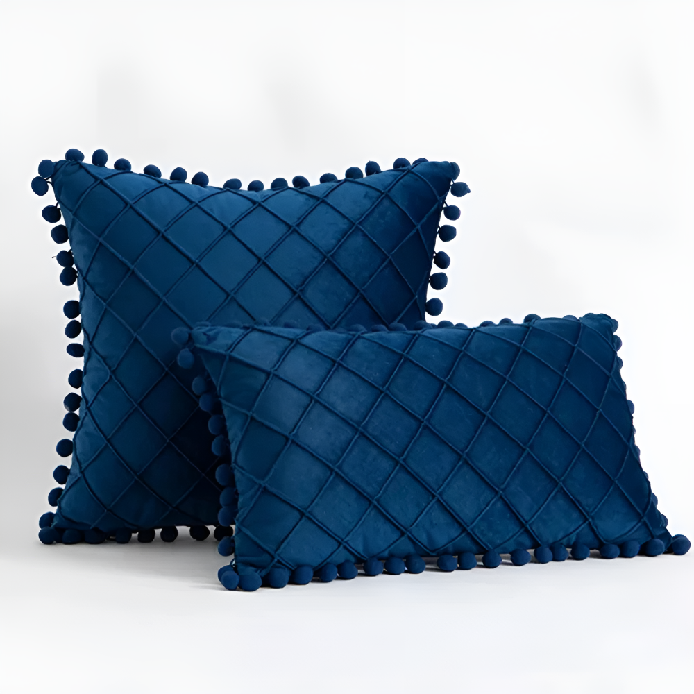 Quilted Velvet Cushion Cover with Wool Ball Design