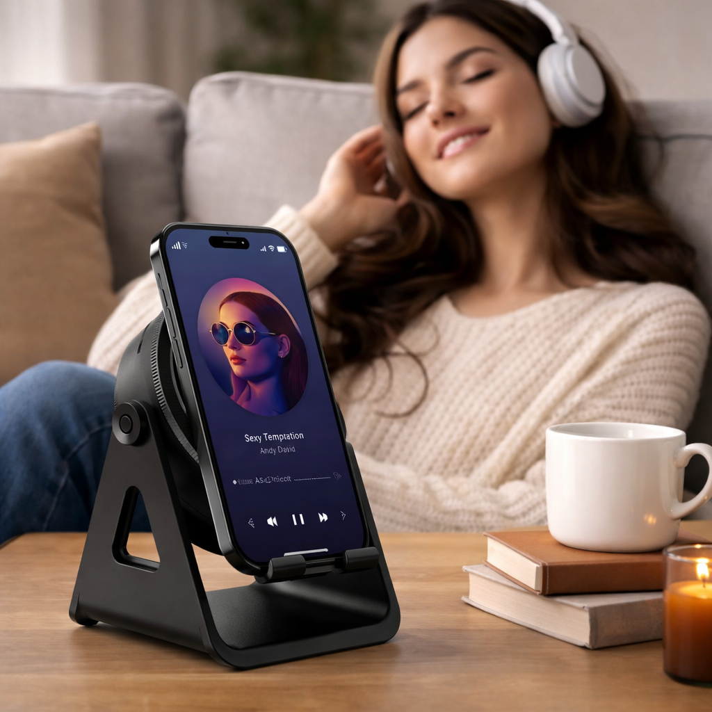 Bluetooth Speaker Phone Stand with Wireless Charging and LED Lights