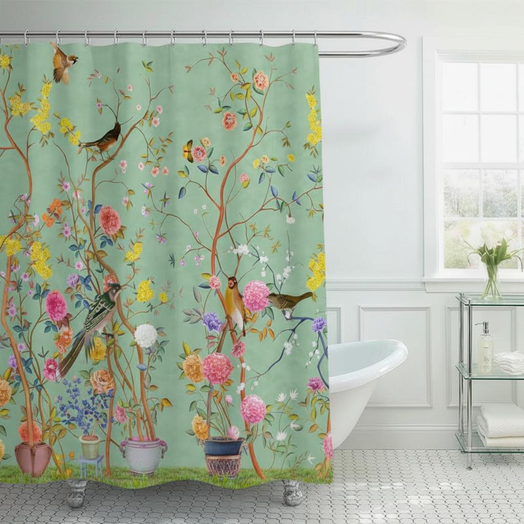 Nature-Inspired Flower and Bird Shower Curtain
