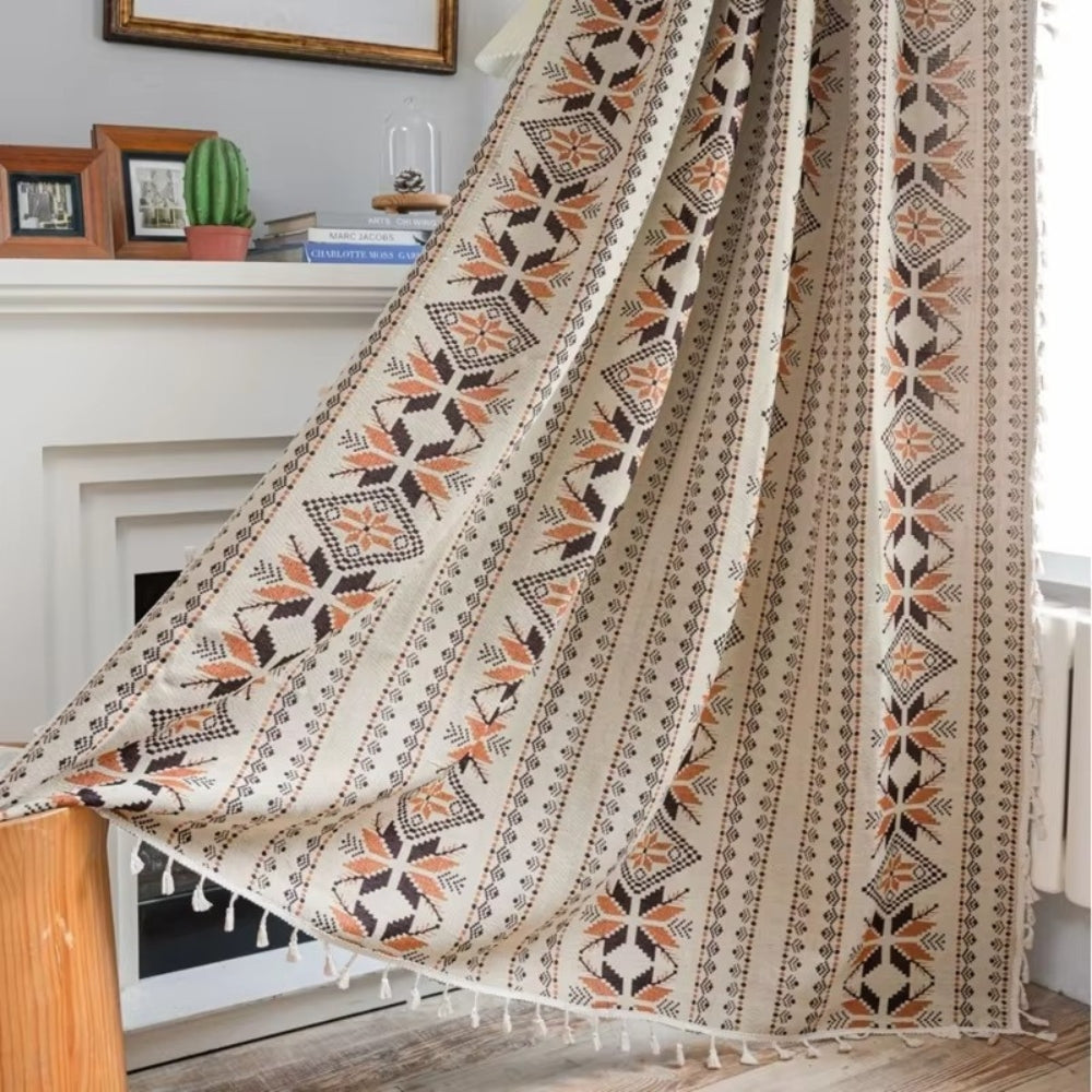 Bohemian Geometric Semi-Blackout Curtain with Tassel Fringe