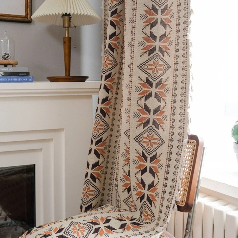 Bohemian Geometric Semi-Blackout Curtain with Tassel Fringe