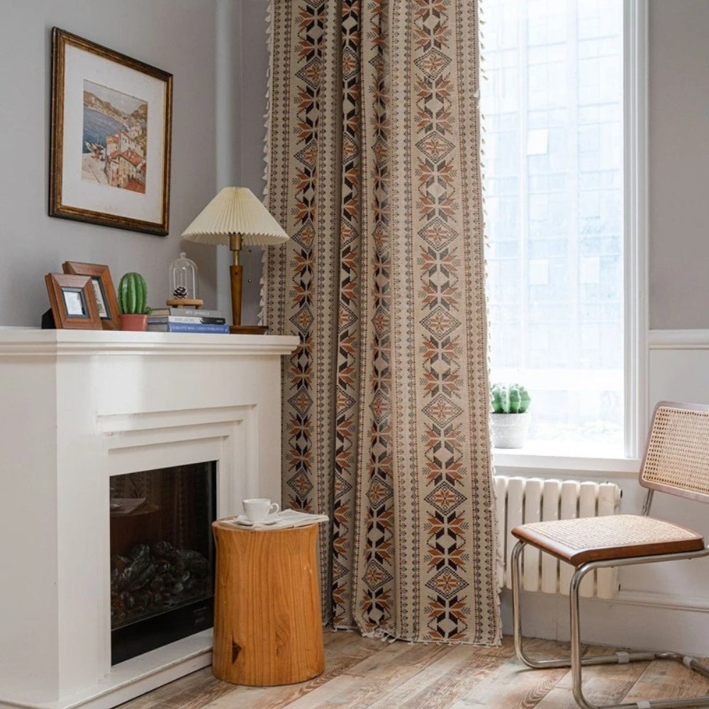Bohemian Geometric Semi-Blackout Curtain with Tassel Fringe