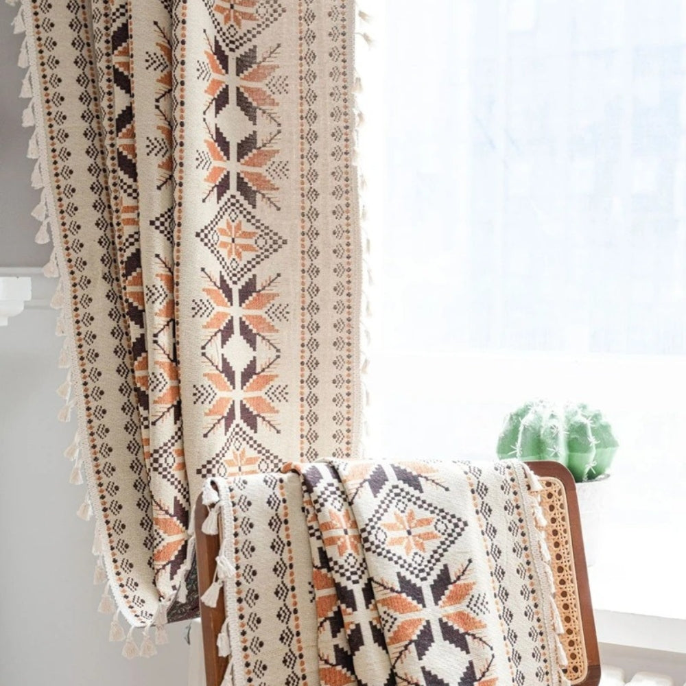 Bohemian Geometric Semi-Blackout Curtain with Tassel Fringe