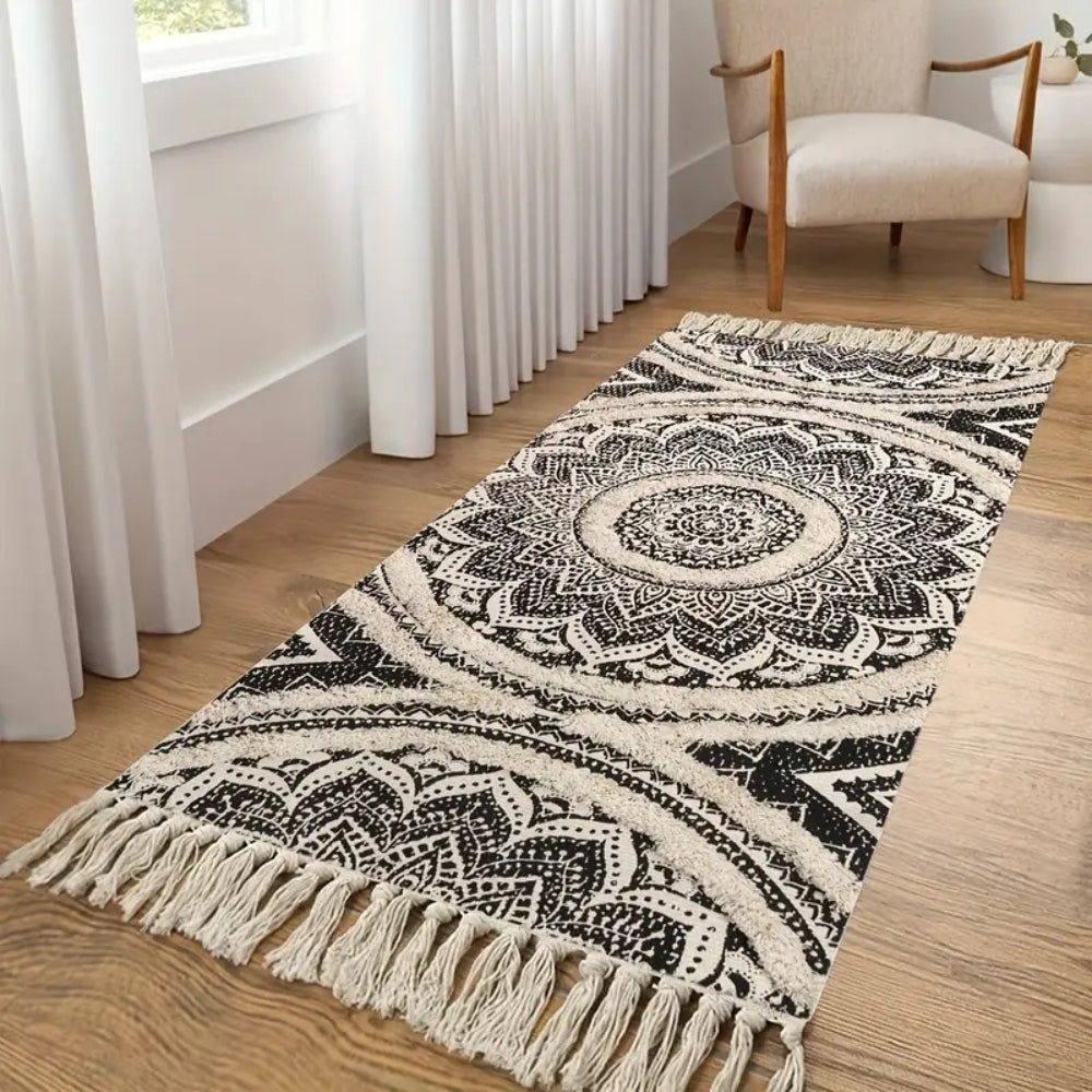 Bohemian Black and Cream Cotton Runner Mat