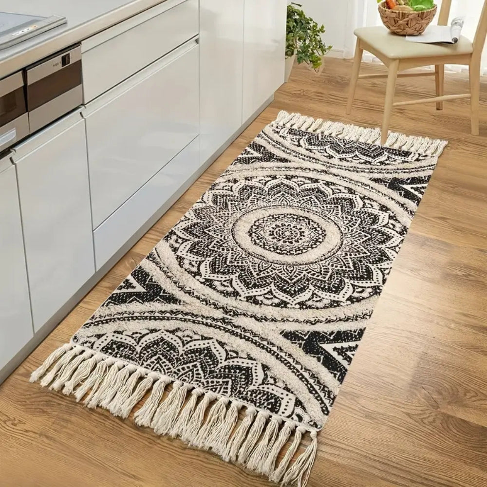 Bohemian Black and Cream Cotton Runner Mat