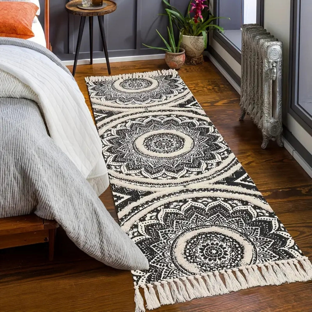 Bohemian Black and Cream Cotton Runner Mat