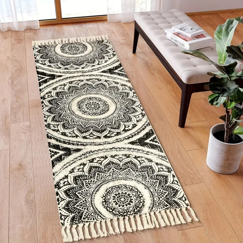 Bohemian Black and Cream Cotton Runner Mat