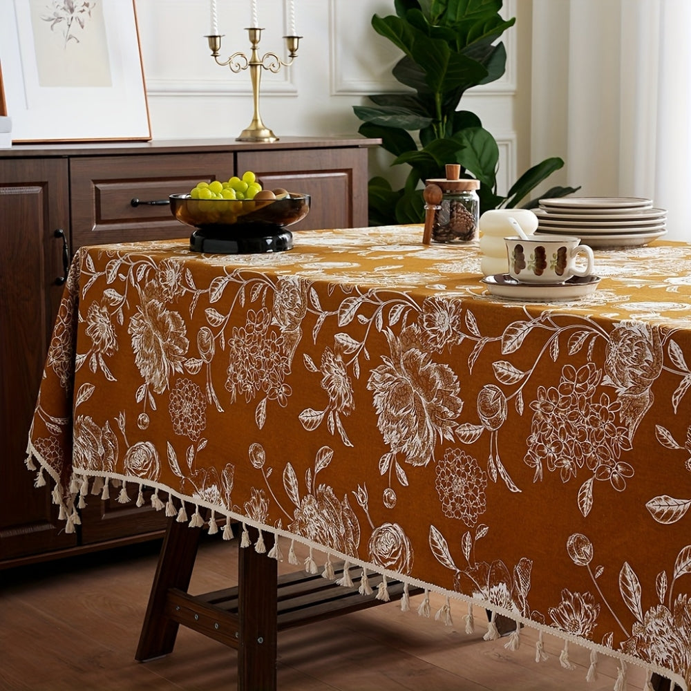 Navy Floral Boho Tablecloth with Tassels