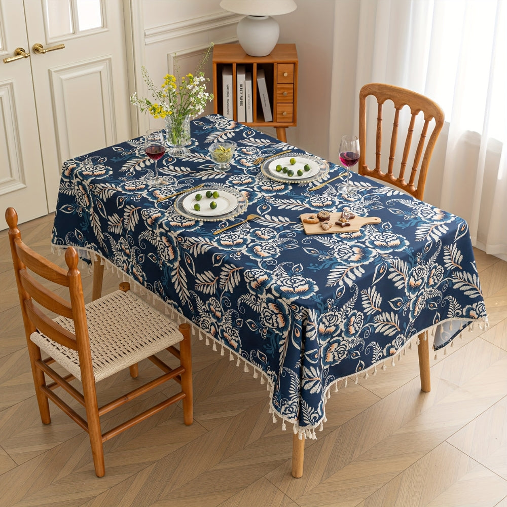 Navy Floral Boho Tablecloth with Tassels