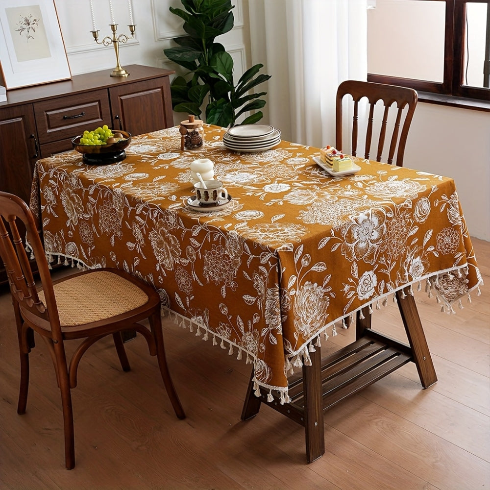 Navy Floral Boho Tablecloth with Tassels