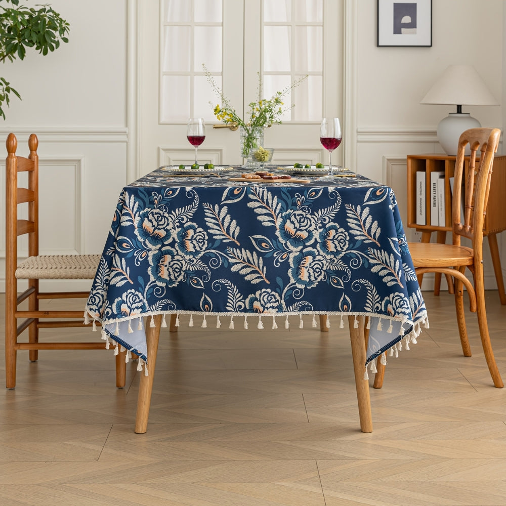Navy Floral Boho Tablecloth with Tassels