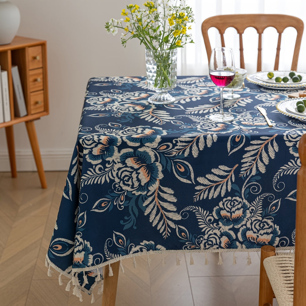 Navy Floral Boho Tablecloth with Tassels
