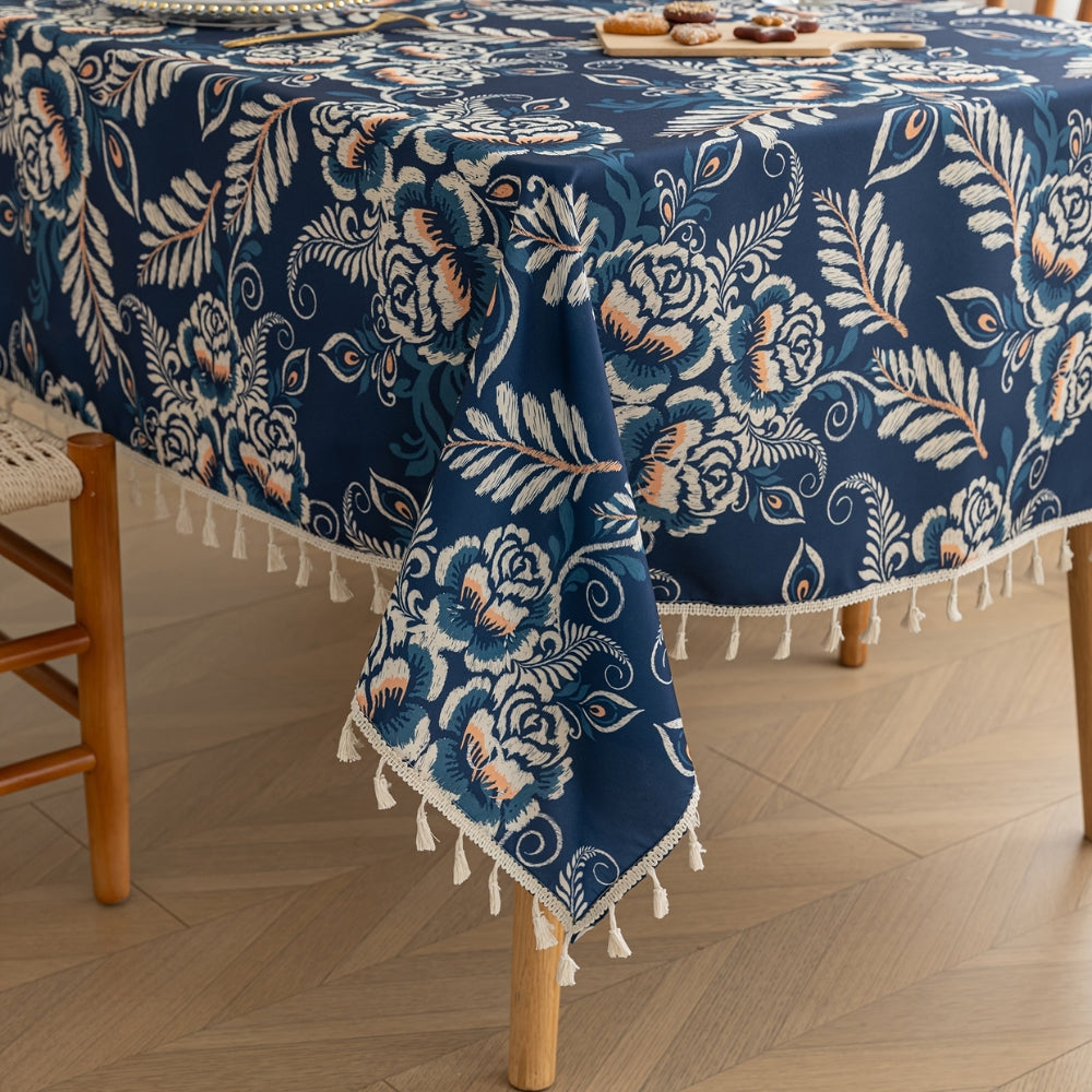 Navy Floral Boho Tablecloth with Tassels