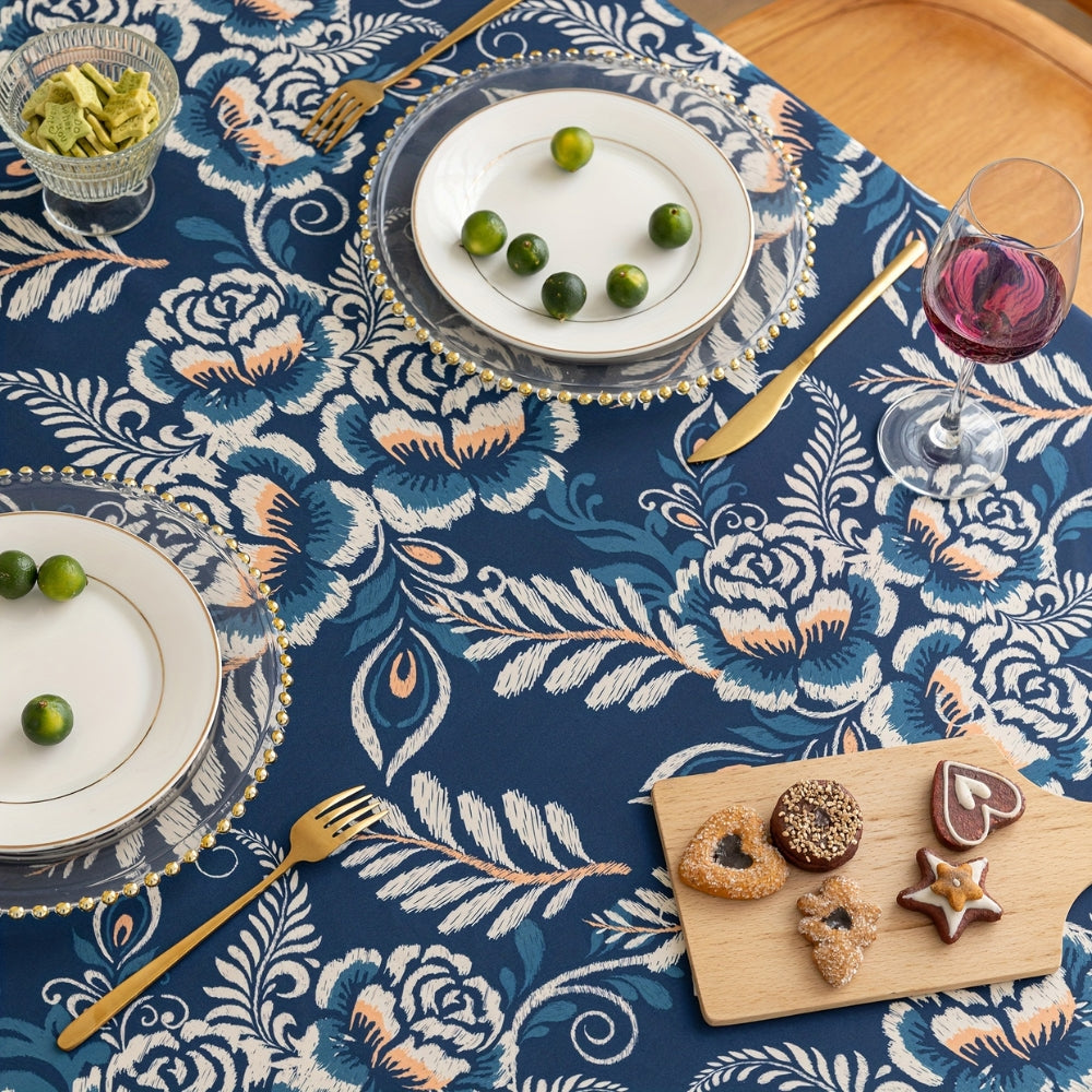 Navy Floral Boho Tablecloth with Tassels