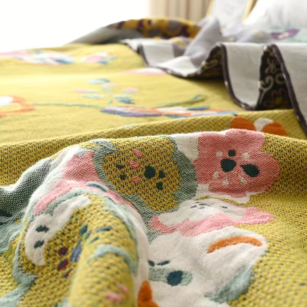 Bohemian Floral Cotton Blanket with Fringe Tassels
