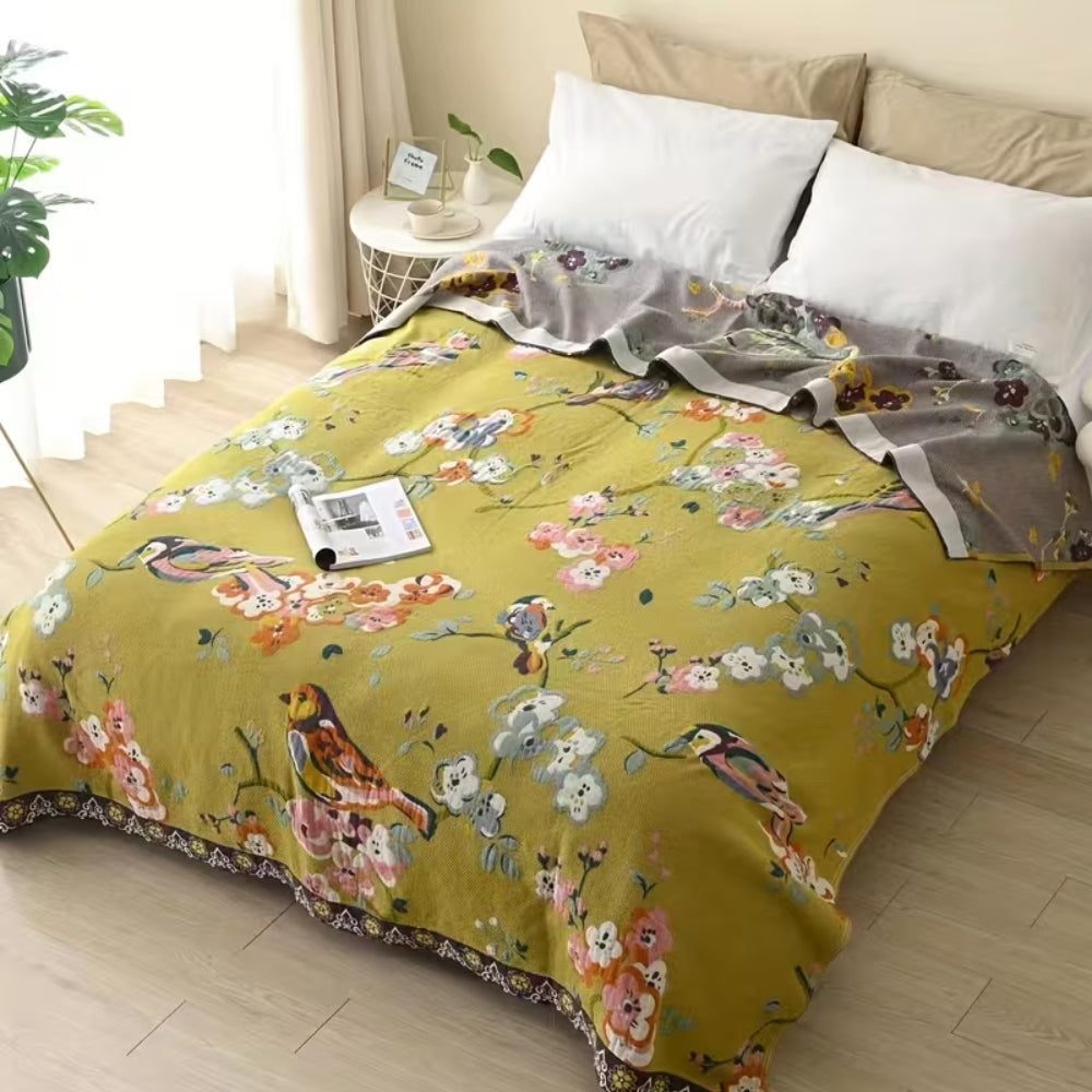 Bohemian Floral Cotton Blanket with Fringe Tassels