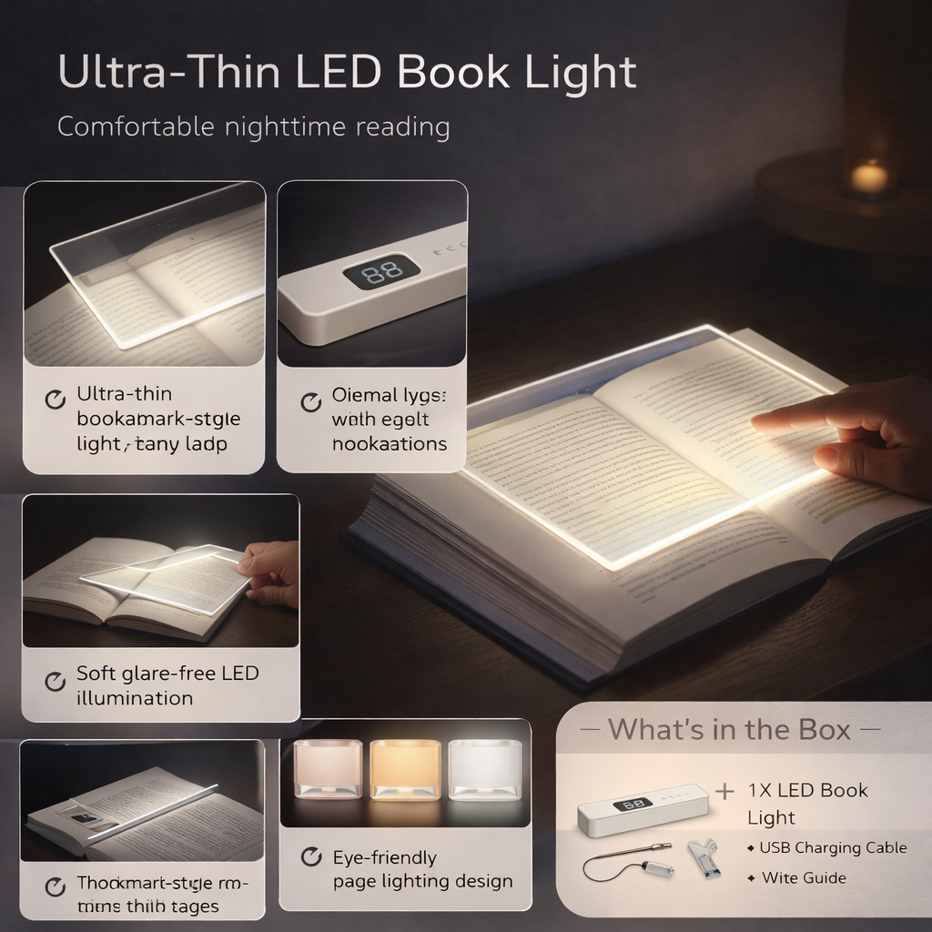 USB Rechargeable Ultra Thin LED Book Light with Timer and Adjustable Brightness