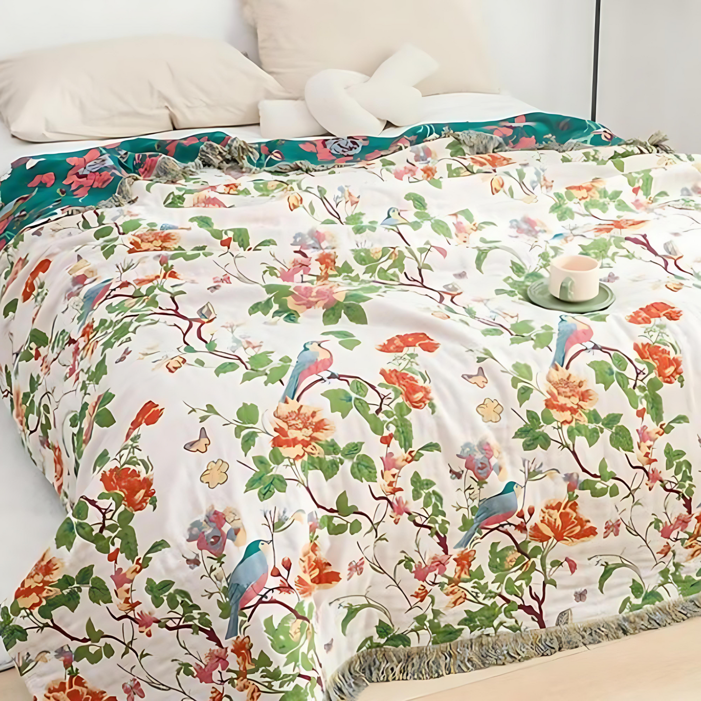 Reversible Floral Cotton Blanket with Decorative Tassels